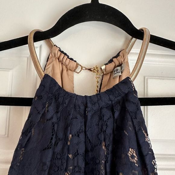 Eliza J Navy Blue Lace Halter Dress nude gold neck detail size 8 - Picture 3 of 8